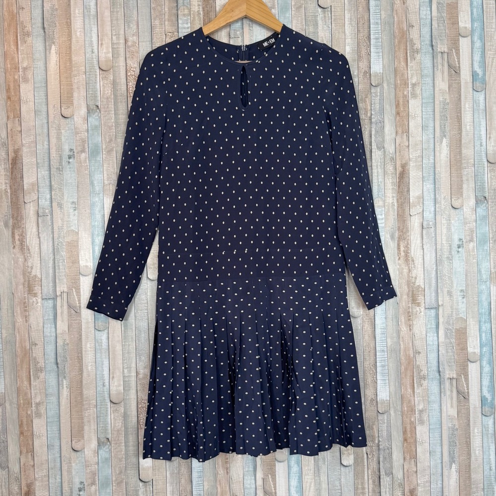 ME+EM Navy Polka Dot 100% Silk Drop Waist Pleated Mini Dress Keyhole Retro 2 6